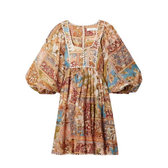 Zimmermann Chintz Billow Mini Dress Floral Crochet Long Sleeves Multi 2 Petite - Picture 1 of 9